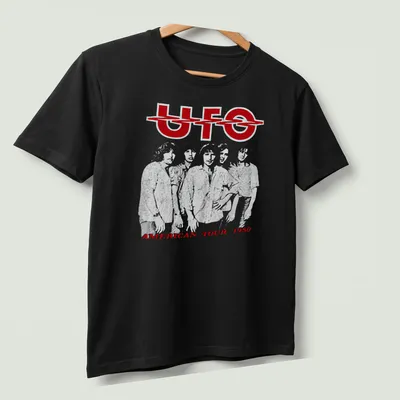 Line-art illustration of the UFO American Tour 1980 with bold lettering — printed on a unisex t-shirt (angled view)