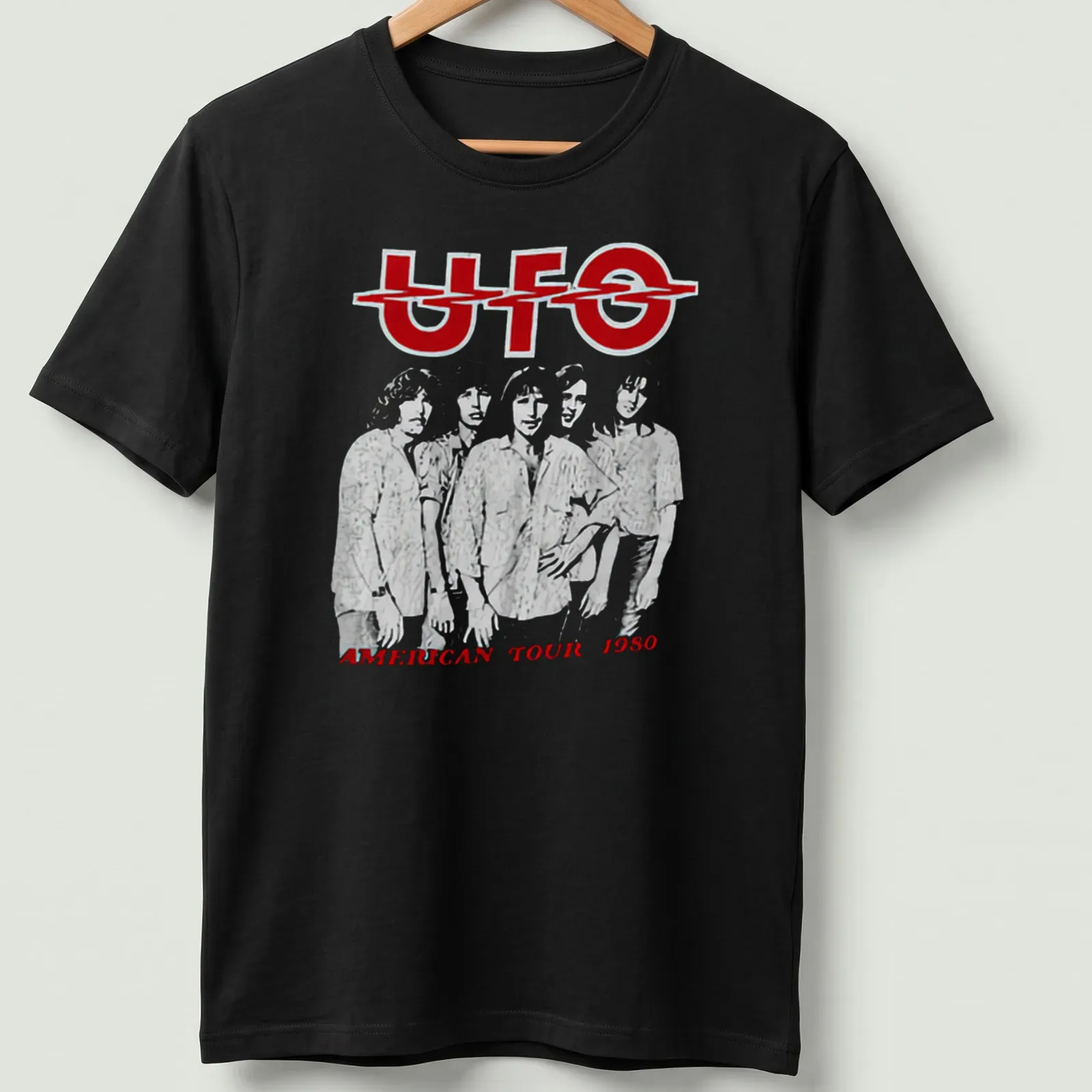 Line-art illustration of the UFO American Tour 1980 with bold lettering — printed on a unisex t-shirt