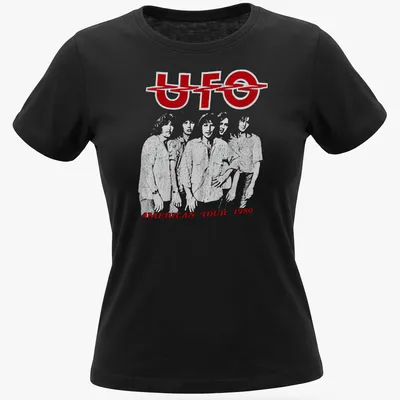Line-art illustration of the UFO American Tour 1980 with bold lettering — printed on a women's shirt