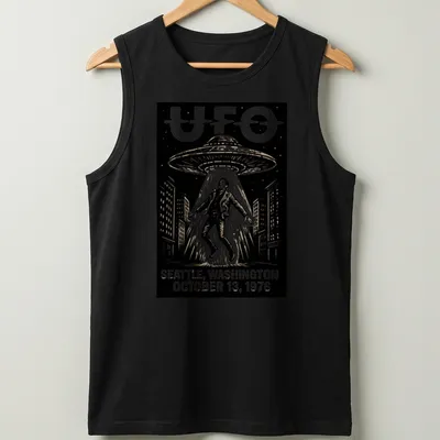 Vintage illustration of a UFO with text commemorating Seattle incident on a retro — printed on a tank top
