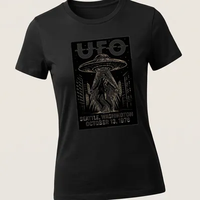 Vintage illustration of a UFO with text commemorating Seattle incident on a retro — printed on a women's shirt