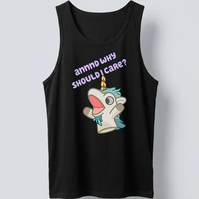 Kawaii unicorn plush character with playful text in pastel colors — printed on a tank top