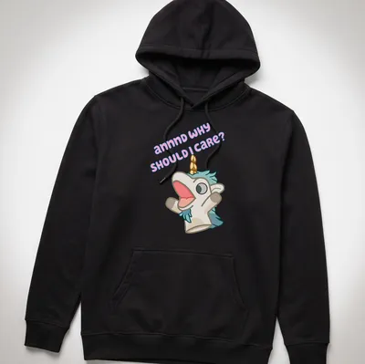 Kawaii unicorn plush character with playful text in pastel colors — printed on a unisex hoodie