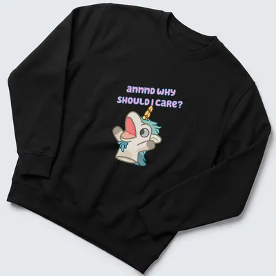 Kawaii unicorn plush character with playful text in pastel colors — printed on a unisex sweatshirt
