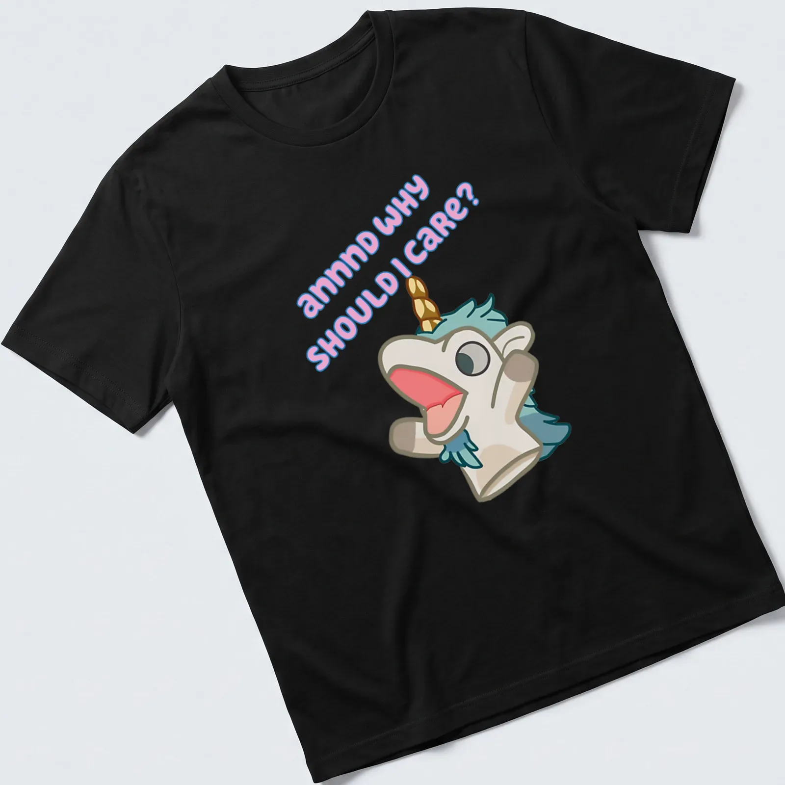 Kawaii unicorn plush character with playful text in pastel colors — printed on a unisex t-shirt