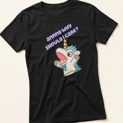 Kawaii unicorn plush character with playful text in pastel colors — printed on a women's shirt