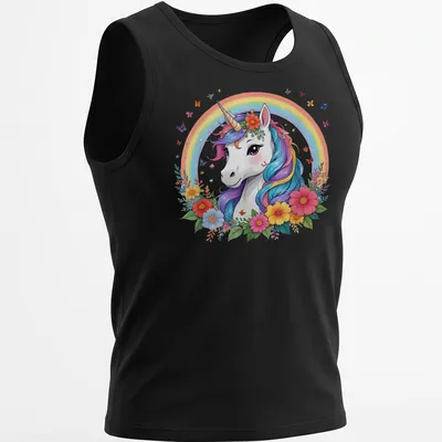 Whimsical unicorn with a rainbow mane surrounded by flowers in pastel colors — printed on a tank top
