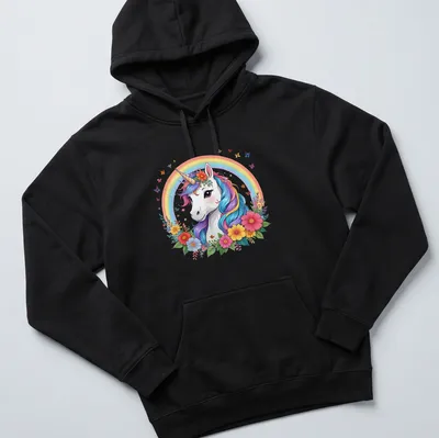 Whimsical unicorn with a rainbow mane surrounded by flowers in pastel colors — printed on a unisex hoodie