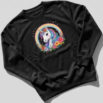 Whimsical unicorn with a rainbow mane surrounded by flowers in pastel colors — printed on a unisex sweatshirt