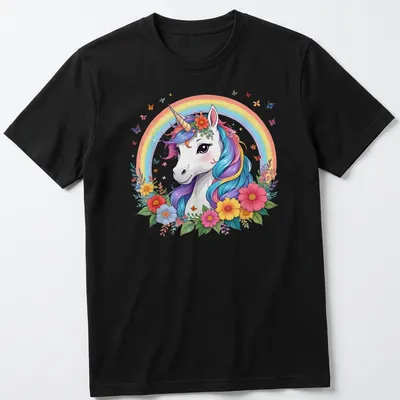Whimsical unicorn with a rainbow mane surrounded by flowers in pastel colors