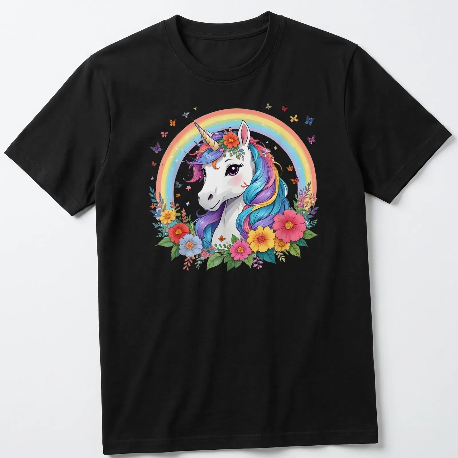 Whimsical unicorn with a rainbow mane surrounded by flowers in pastel colors — printed on a unisex t-shirt