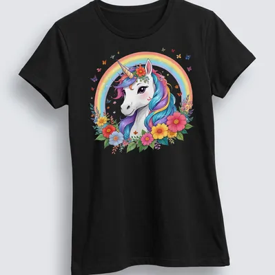 Whimsical unicorn with a rainbow mane surrounded by flowers in pastel colors — printed on a women's shirt