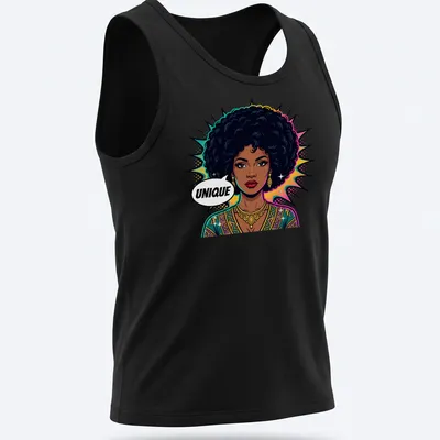 Pop art depiction of a Black woman with an afro under the word UNIQUE — printed on a tank top