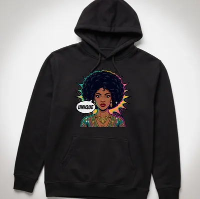 Pop art depiction of a Black woman with an afro under the word UNIQUE — printed on a unisex hoodie