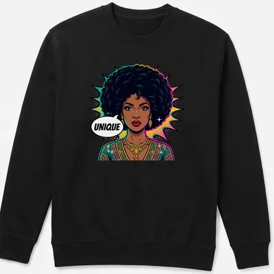 Pop art depiction of a Black woman with an afro under the word UNIQUE — printed on a unisex sweatshirt