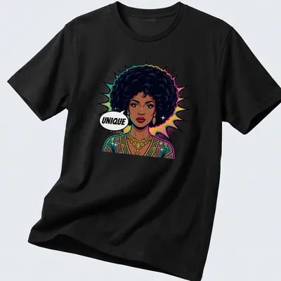 Pop art depiction of a Black woman with an afro under the word UNIQUE