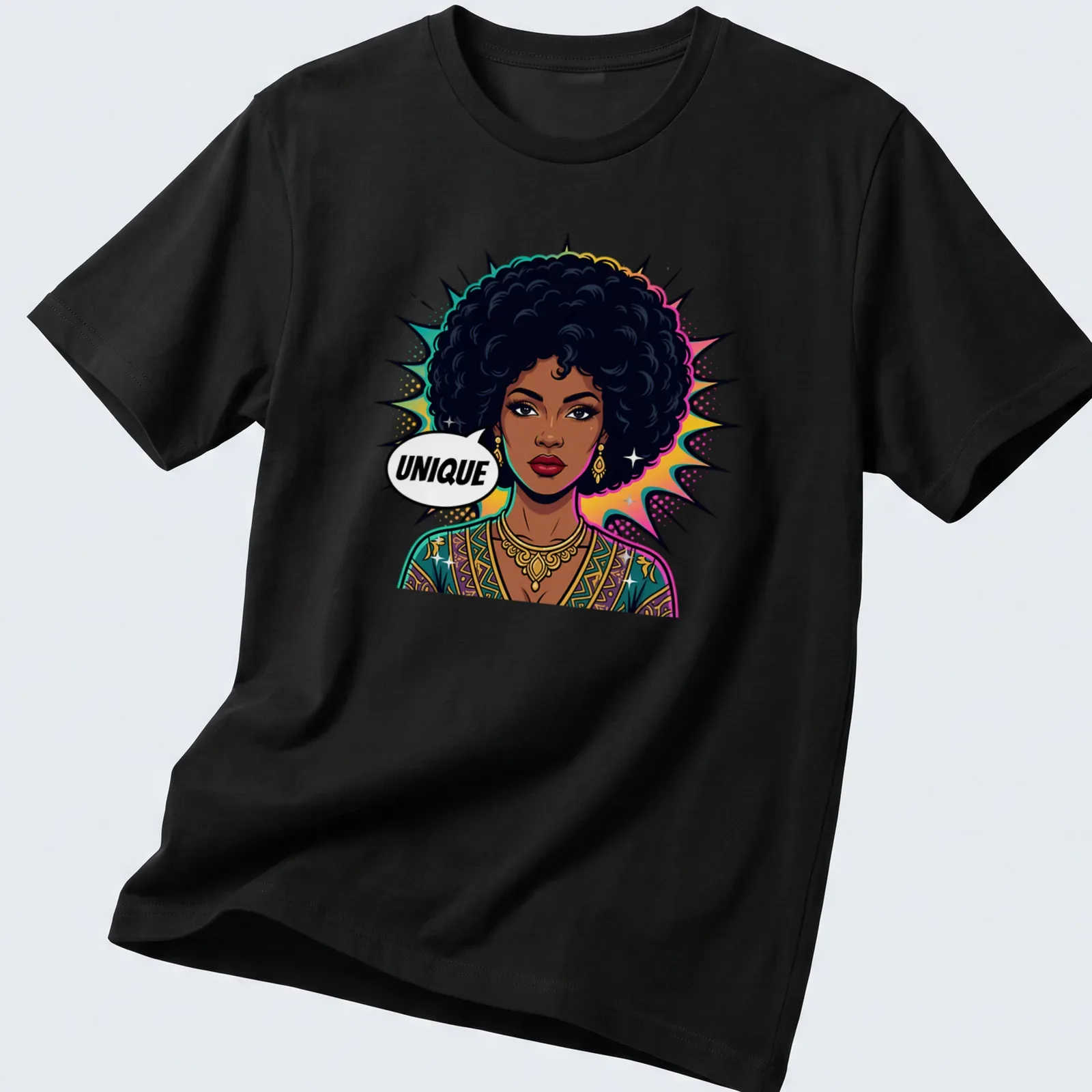 Pop art depiction of a Black woman with an afro under the word UNIQUE — printed on a unisex t-shirt