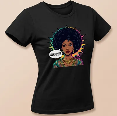 Pop art depiction of a Black woman with an afro under the word UNIQUE — printed on a women's shirt