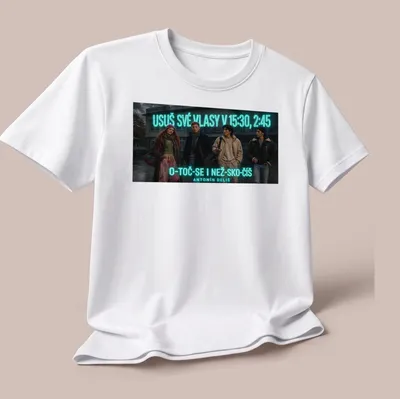 Cinematic design with four friends in an urban setting, featuring vibrant colors — printed on a unisex t-shirt (angled view)