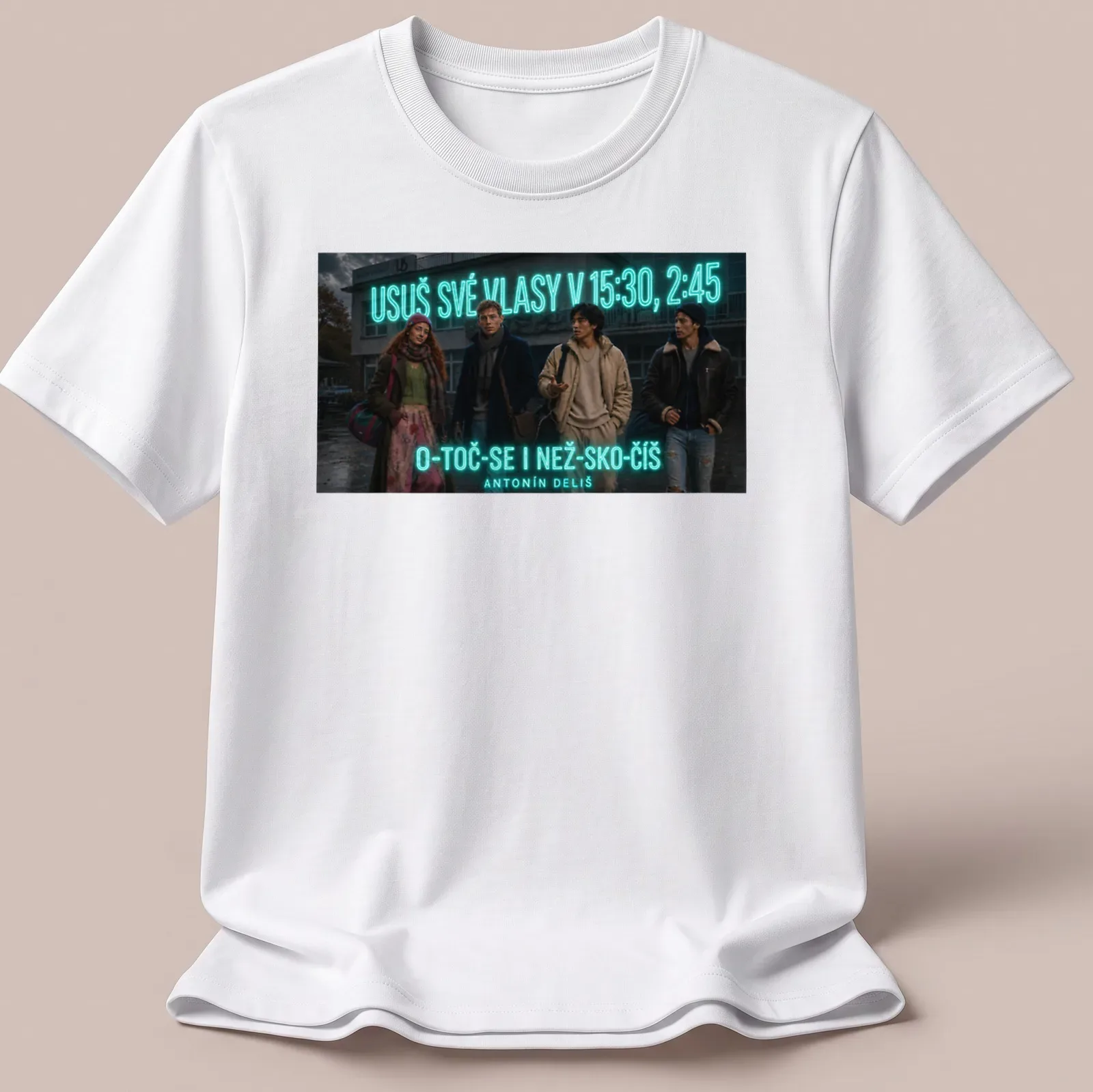 Cinematic design with four friends in an urban setting, featuring vibrant colors — printed on a unisex t-shirt