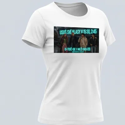 Cinematic design with four friends in an urban setting, featuring vibrant colors — printed on a women's shirt