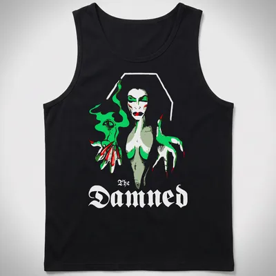 Illustrative Vampira graphic with the text 'The Damned' in green, red, gray, and white — printed on a tank top
