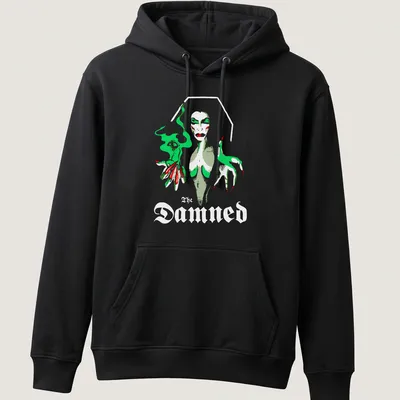 Illustrative Vampira graphic with the text 'The Damned' in green, red, gray, and white — printed on a unisex hoodie