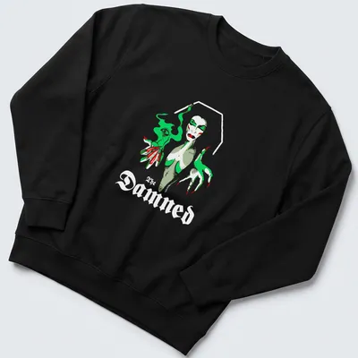 Illustrative Vampira graphic with the text 'The Damned' in green, red, gray, and white — printed on a unisex sweatshirt