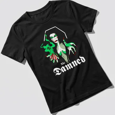 Illustrative Vampira graphic with the text 'The Damned' in green, red, gray, and white — printed on a women's shirt