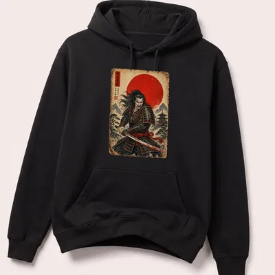 Japanese Ukiyo-e style Vampire Samurai t-shirt featuring bold text and vivid colors — printed on a unisex hoodie