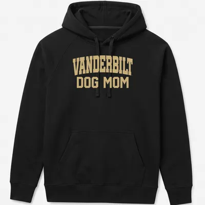 Bold text reading Vanderbilt Dog Mom on a gold background. — printed on a unisex hoodie