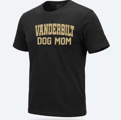 Bold text reading Vanderbilt Dog Mom on a gold background.