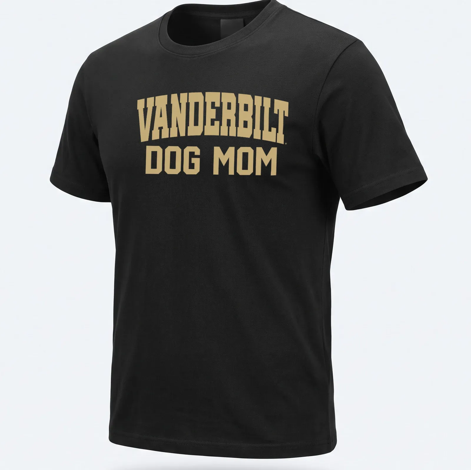 Bold text reading Vanderbilt Dog Mom on a gold background. — printed on a unisex t-shirt