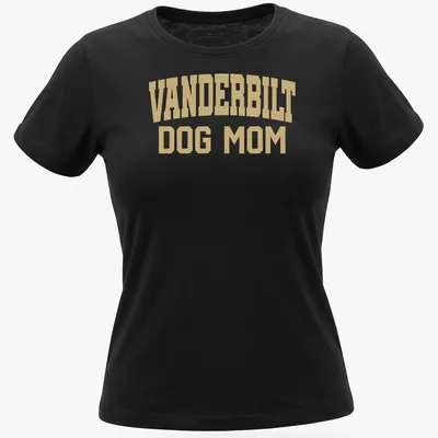 Bold text reading Vanderbilt Dog Mom on a gold background. — printed on a women's shirt