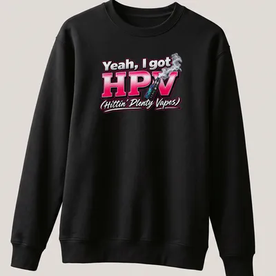 Bold typography design with vape humor in pink, black, white, and gray. — printed on a unisex sweatshirt