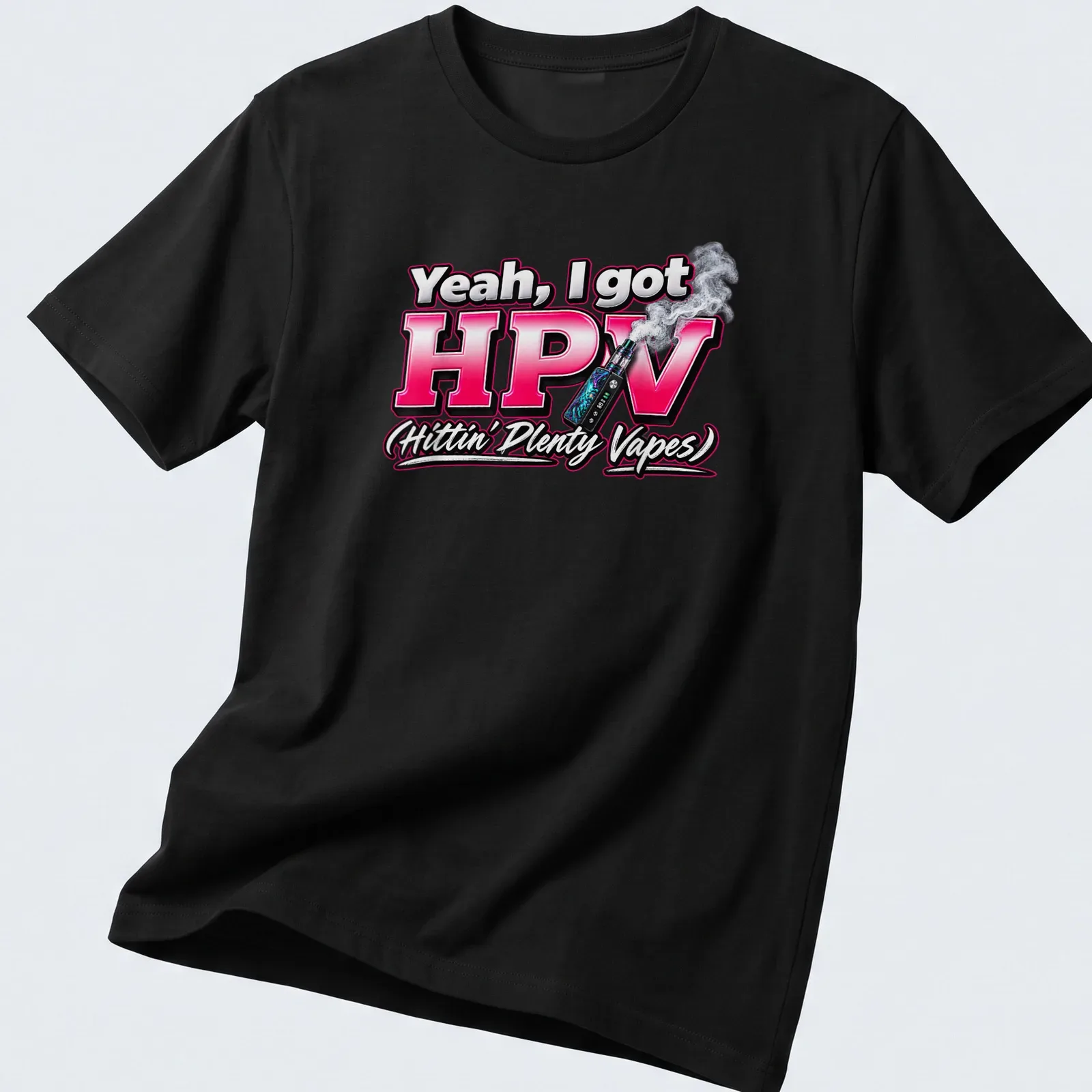 Bold typography design with vape humor in pink, black, white, and gray. — printed on a unisex t-shirt