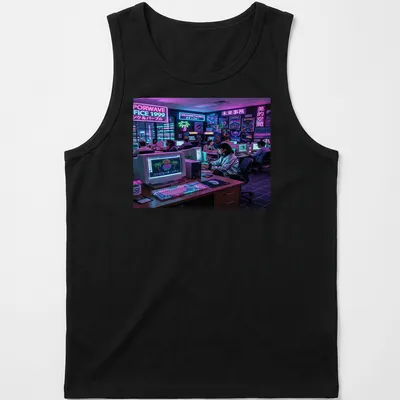 Vaporwave style graphic featuring retro computers and text in pink, purple, and blue — printed on a tank top