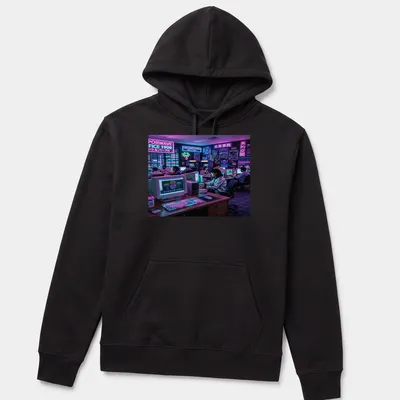 Vaporwave style graphic featuring retro computers and text in pink, purple, and blue — printed on a unisex hoodie