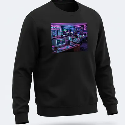 Vaporwave style graphic featuring retro computers and text in pink, purple, and blue — printed on a unisex sweatshirt