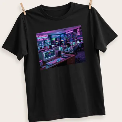 Vaporwave style graphic featuring retro computers and text in pink, purple, and blue — printed on a unisex t-shirt