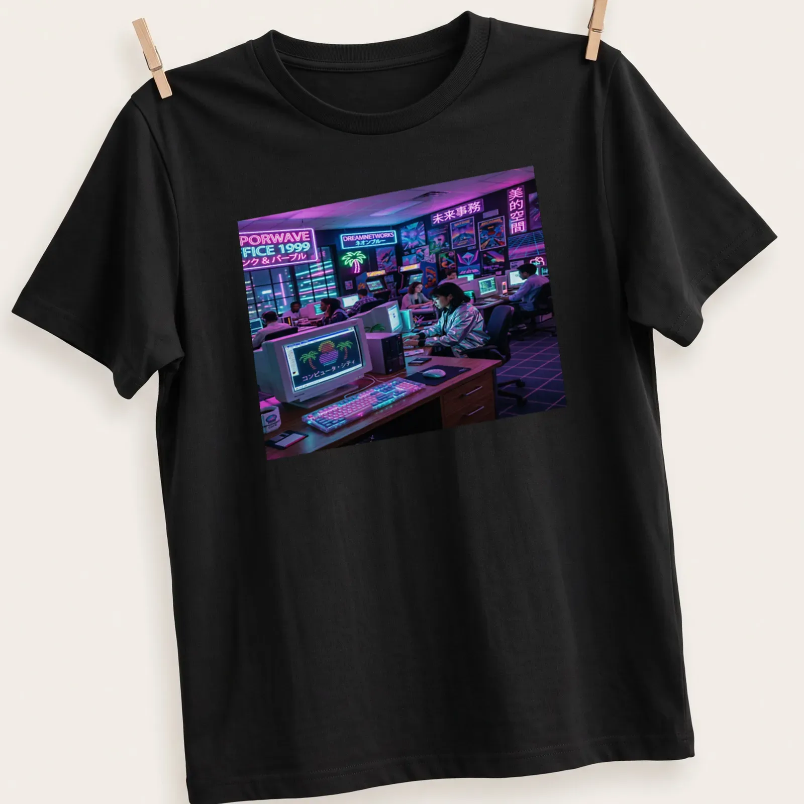 Vaporwave style graphic featuring retro computers and text in pink, purple, and blue — printed on a unisex t-shirt