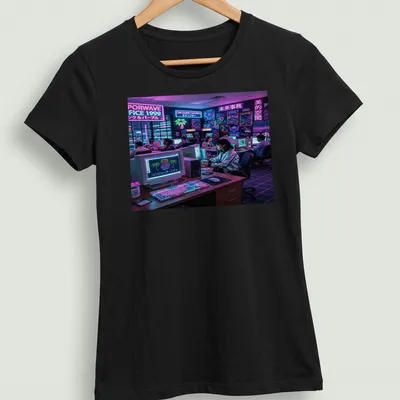 Vaporwave style graphic featuring retro computers and text in pink, purple, and blue — printed on a women's shirt