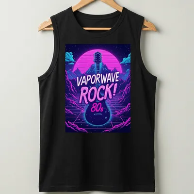 Bold Vaporwave Rock 80s t-shirt featuring an electric guitar in neon colors — printed on a tank top