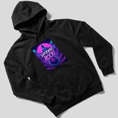 Bold Vaporwave Rock 80s t-shirt featuring an electric guitar in neon colors — printed on a unisex hoodie