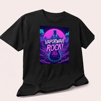 Bold Vaporwave Rock 80s t-shirt featuring an electric guitar in neon colors — printed on a unisex t-shirt (angled view)