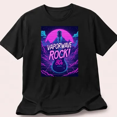 Bold Vaporwave Rock 80s t-shirt featuring an electric guitar in neon colors