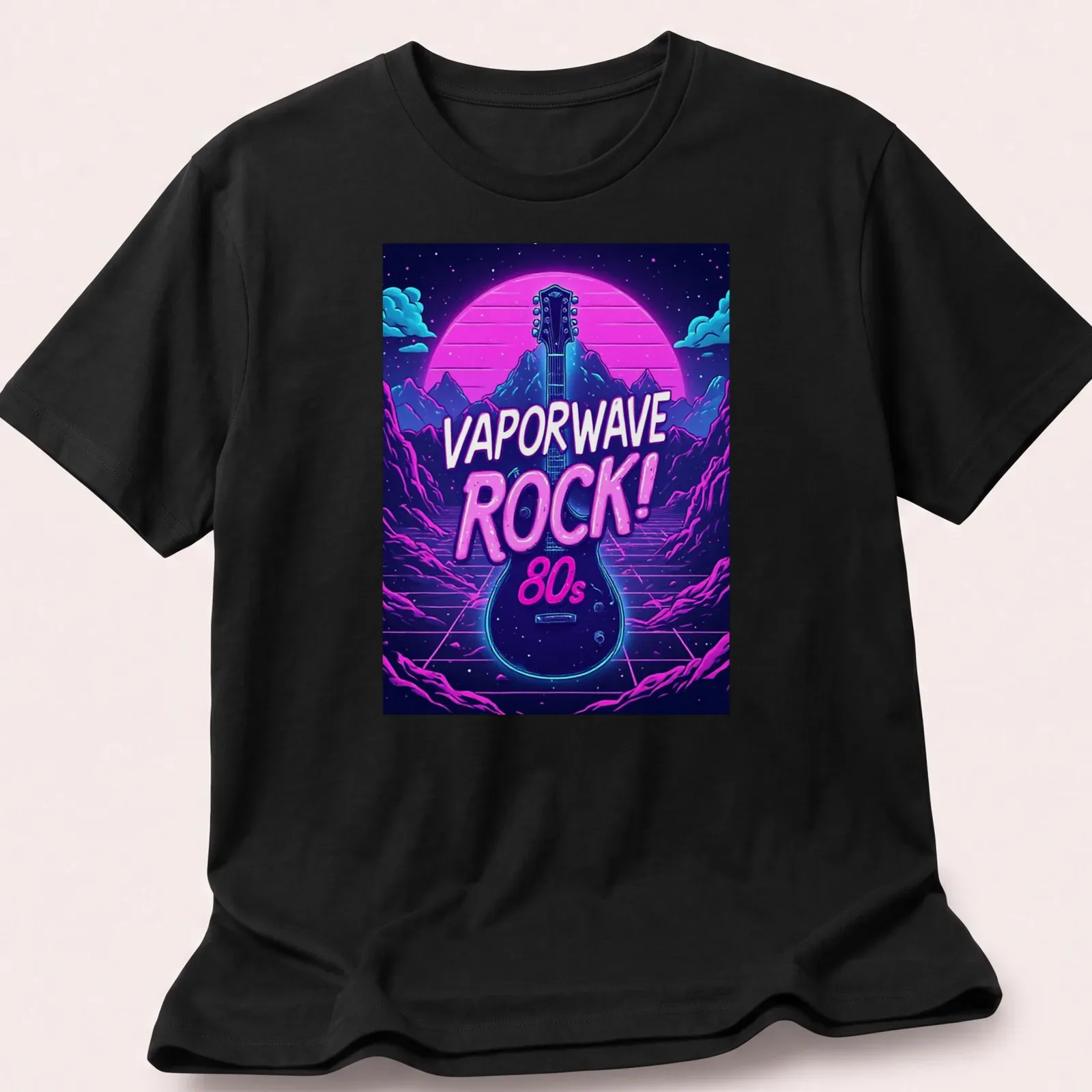 Bold Vaporwave Rock 80s t-shirt featuring an electric guitar in neon colors — printed on a unisex t-shirt