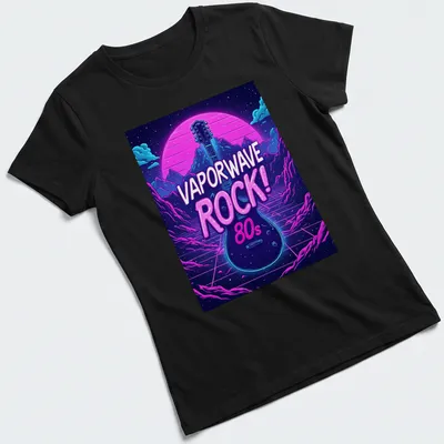 Bold Vaporwave Rock 80s t-shirt featuring an electric guitar in neon colors — printed on a women's shirt