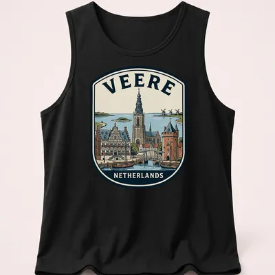 Vintage badge design featuring the text 'Veere Netherlands' in various colors — printed on a tank top