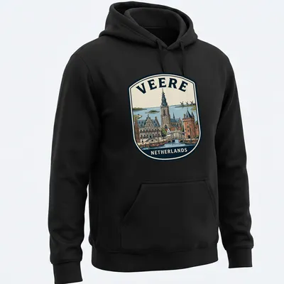 Vintage badge design featuring the text 'Veere Netherlands' in various colors — printed on a unisex hoodie